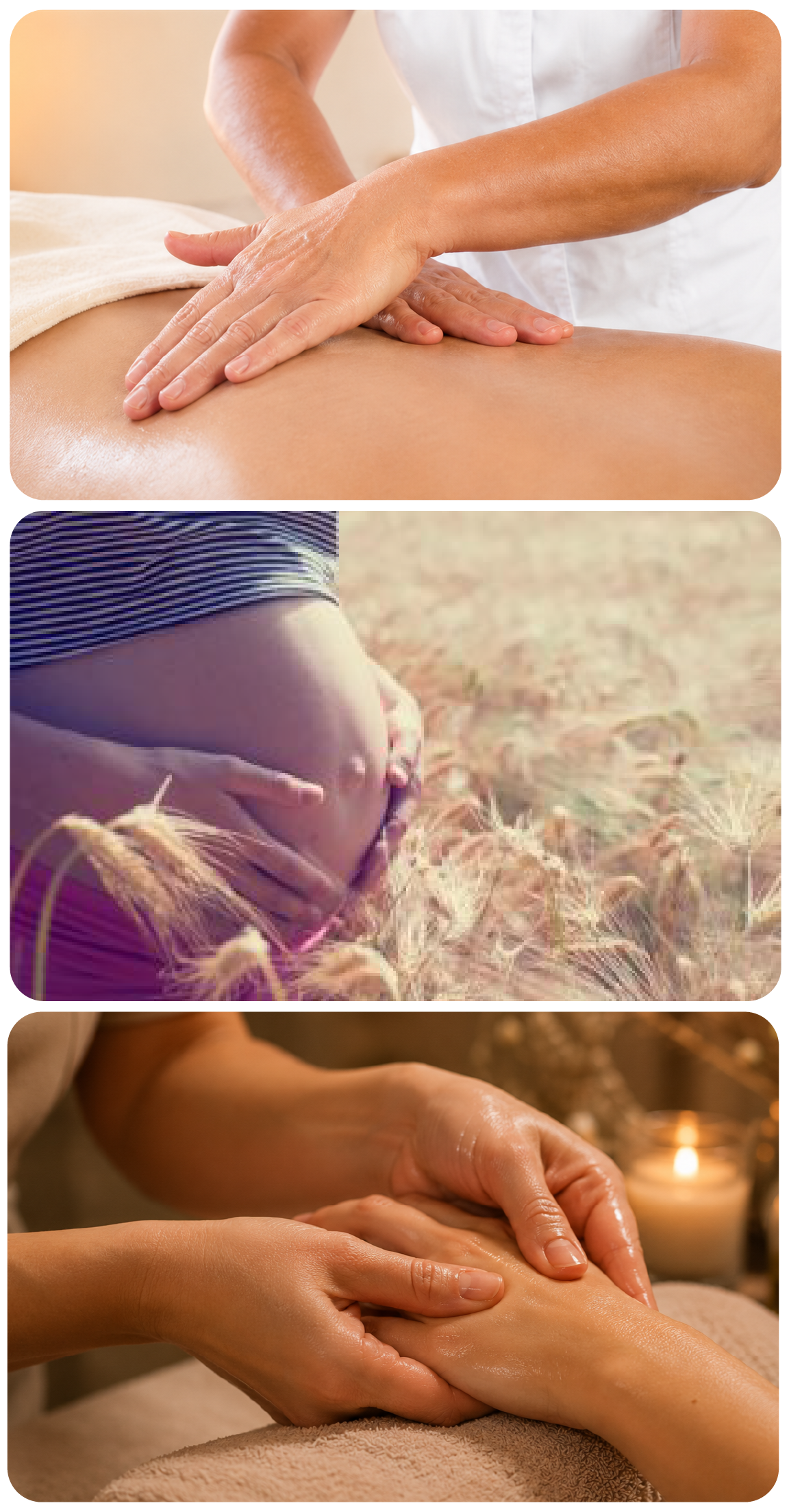 3 photos qui représentent les massages bien-être : une personne en train de masser, une femme enceinte dans un champs et une femme en train de se faire masser la main